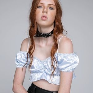 HIGHCUT baby blue off the shoulder satin crop top